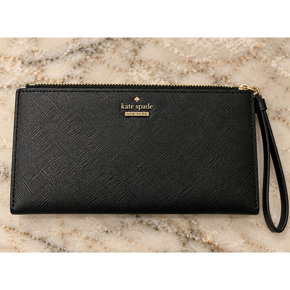 Kate Spade New York Black Saffiano Leather Wristlet Wallet Zip Clutch Gold Logo